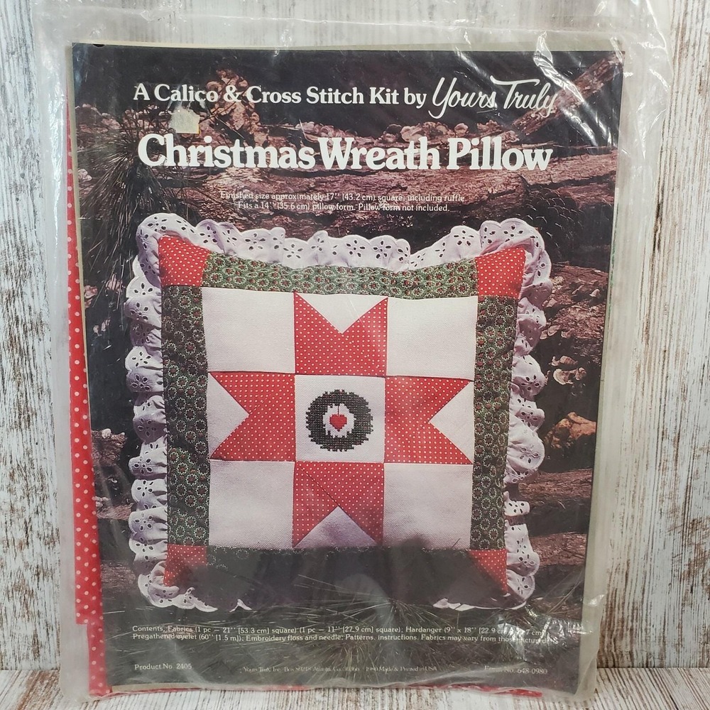 Christmas Wreath Pillow Calico & Cross Stitch Kit by Yours Truly New Old Stock